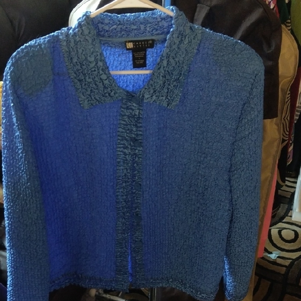Blue Textured Button-Up Blouse